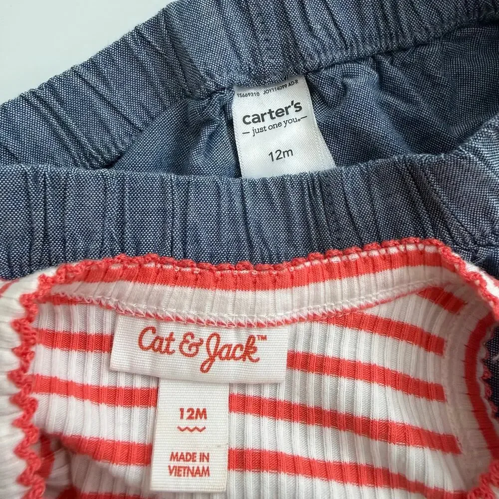 2x Cat & Jack/Carter’s red white stripe tank top blue chambray shorts July 4th